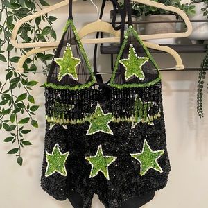 Handmade Festival Rave Bra and Shorts Sequin Black and Green Stars